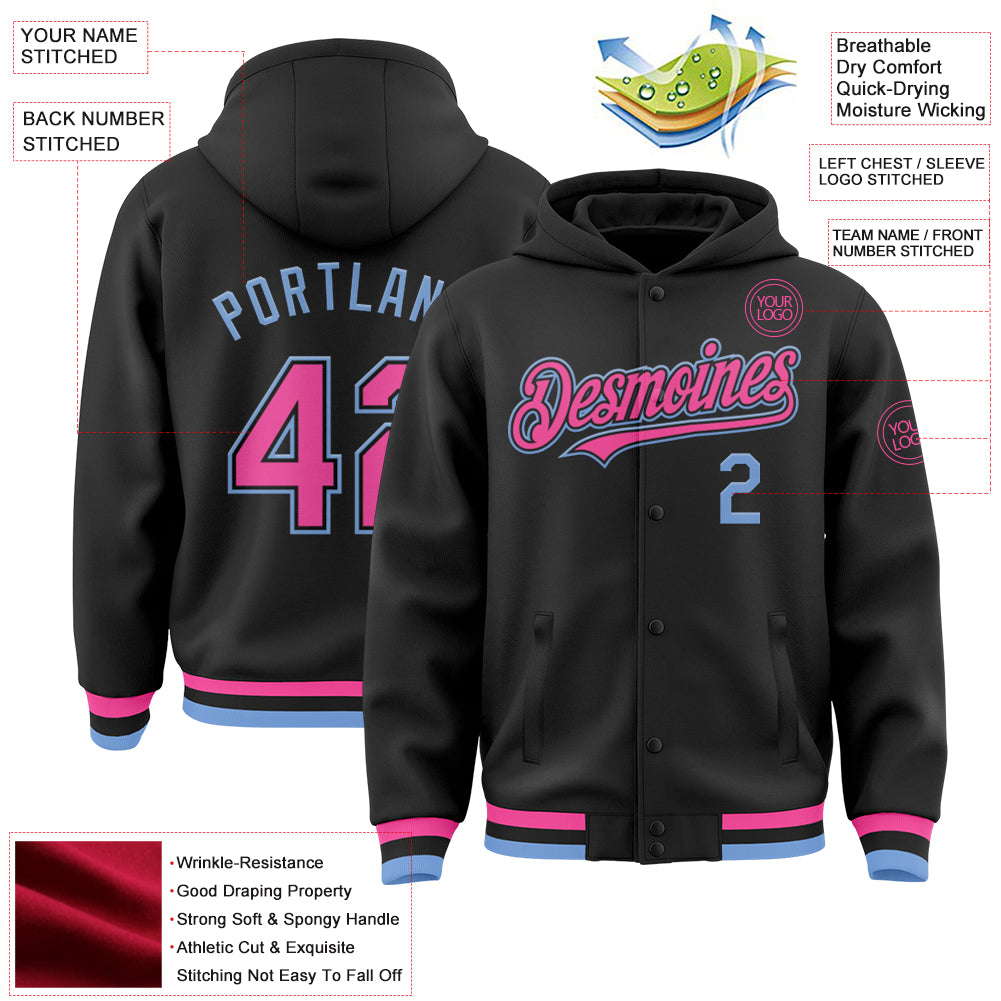 Custom Black Pink-Light Blue Bomber Full-Snap Varsity Letterman Hoodie Jacket