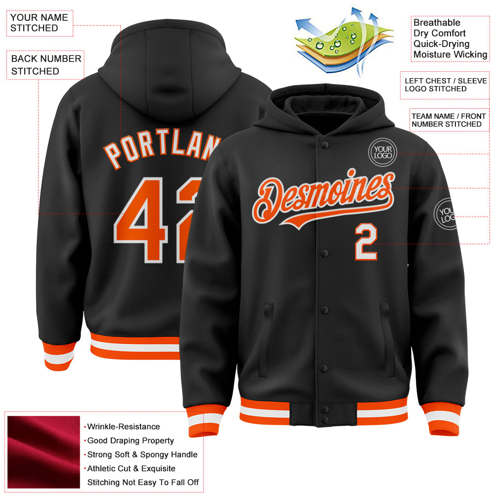 Custom Black Orange-White Bomber Full-Snap Varsity Letterman Hoodie Jacket