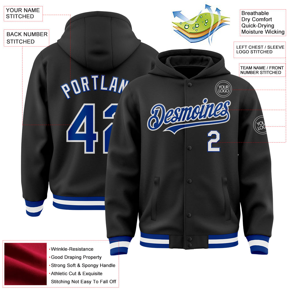 Custom Black Royal-White Bomber Full-Snap Varsity Letterman Hoodie Jacket