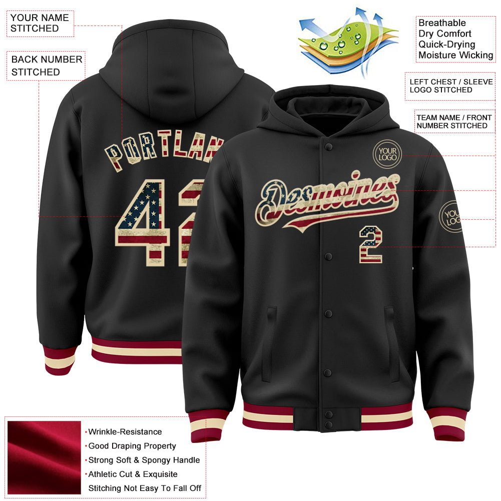 Custom Black Vintage USA Flag Cream-Maroon Bomber Full-Snap Varsity Letterman Hoodie Jacket