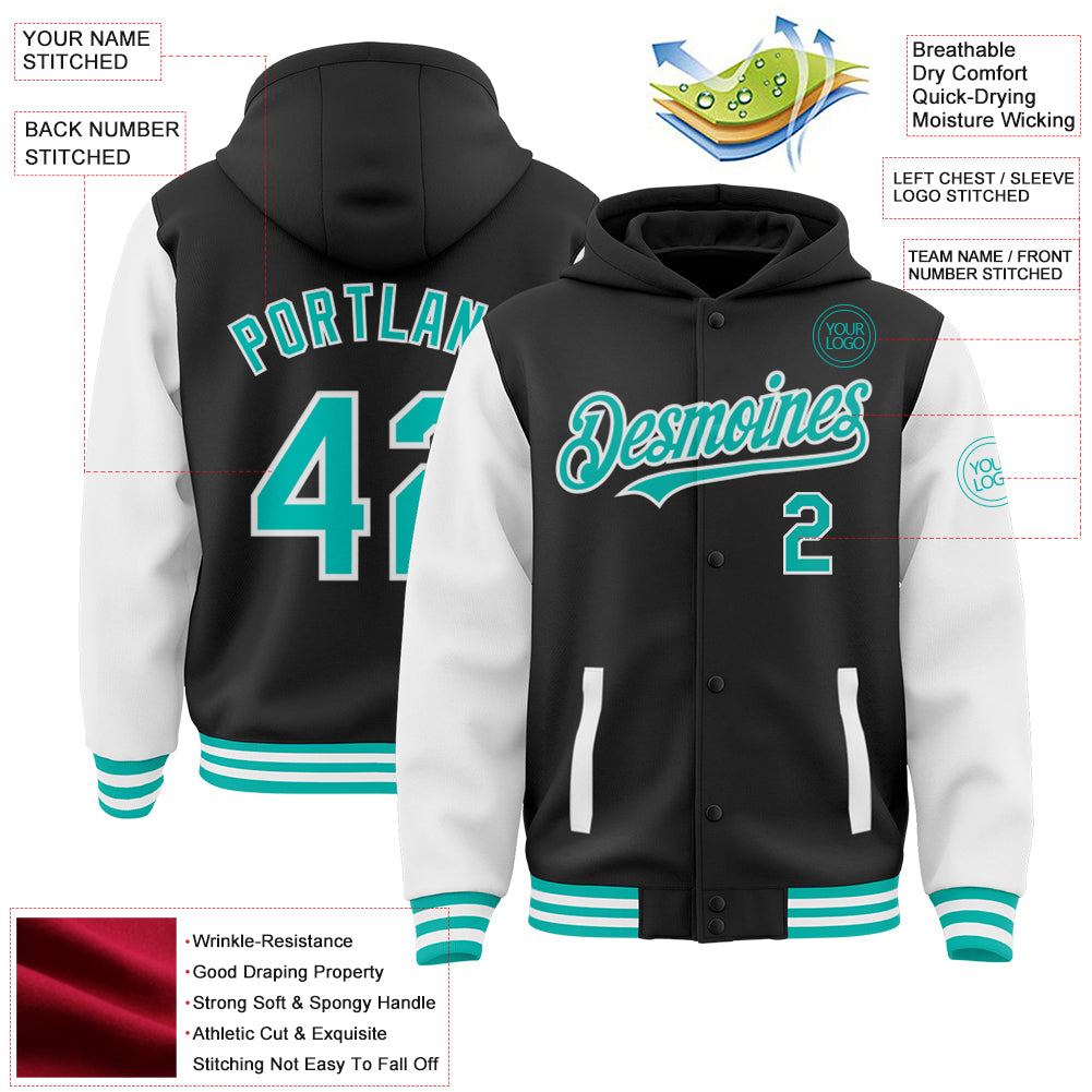 Custom Black Aqua-White Bomber Full-Snap Varsity Letterman Two Tone Hoodie Jacket