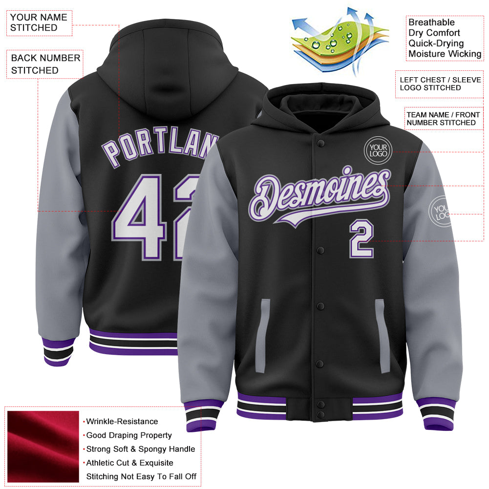 Custom Black Gray-Purple Bomber Full-Snap Varsity Letterman Two Tone Hoodie Jacket