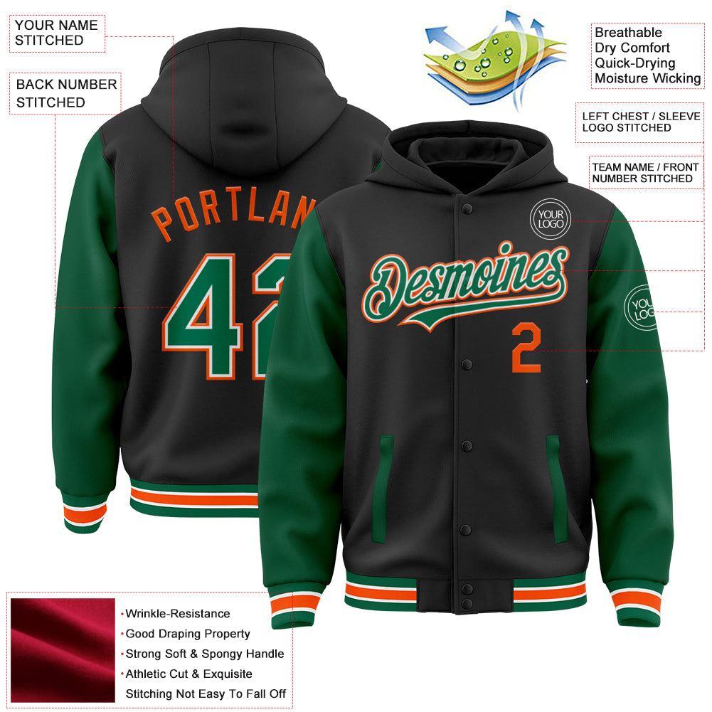 Custom Black Kelly Green-Orange Bomber Full-Snap Varsity Letterman Two Tone Hoodie Jacket