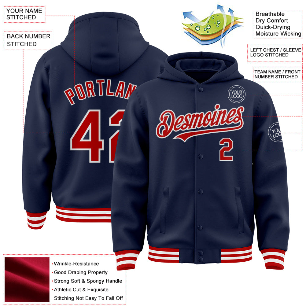 Custom Navy Red-White Bomber Full-Snap Varsity Letterman Hoodie Jacket