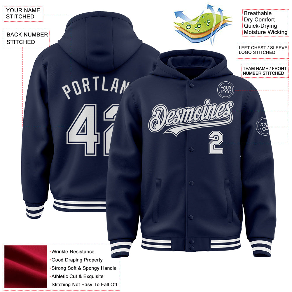 Custom Navy White Bomber Full-Snap Varsity Letterman Hoodie Jacket