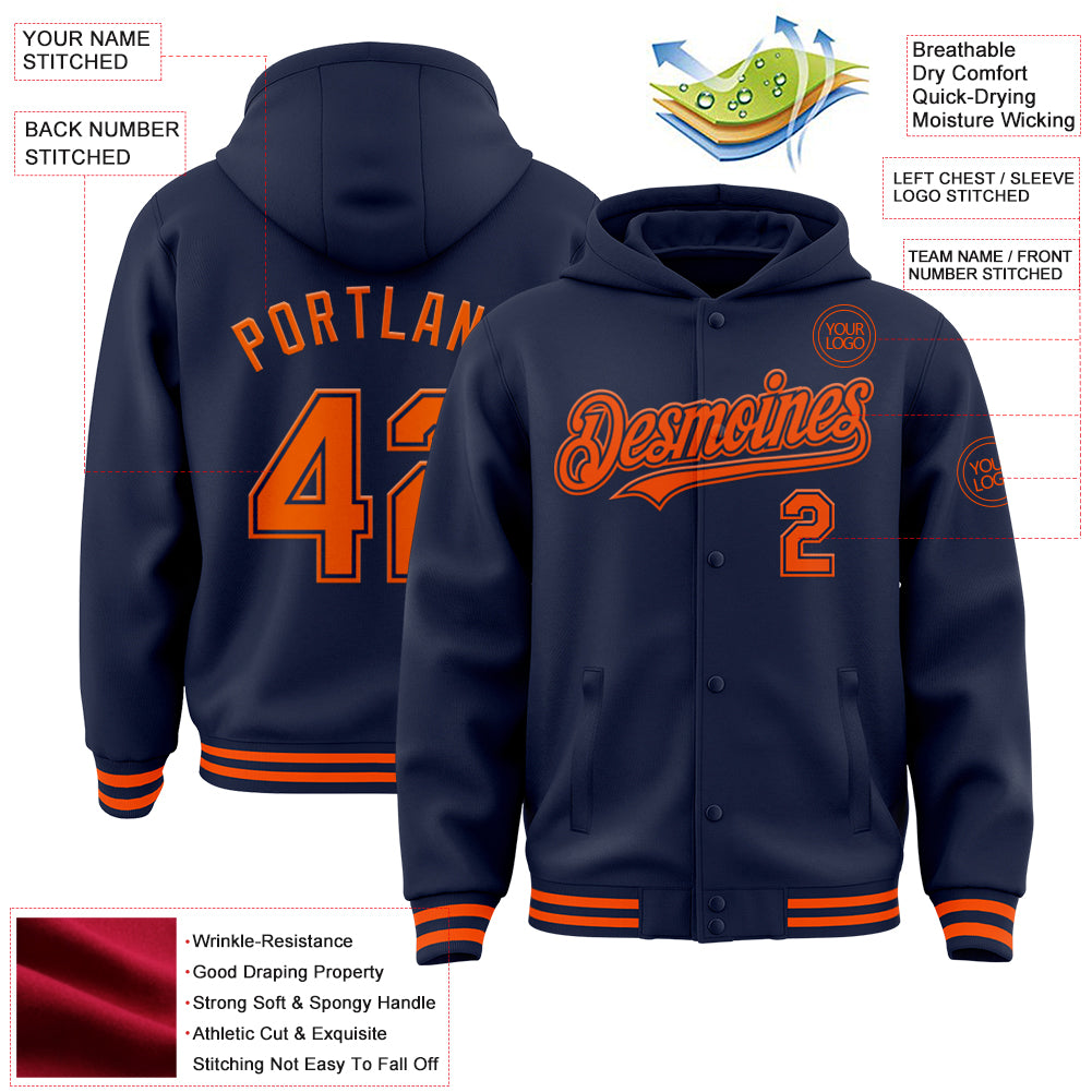 Custom Navy Orange Bomber Full-Snap Varsity Letterman Hoodie Jacket