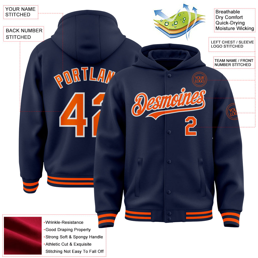 Custom Navy Orange-White Bomber Full-Snap Varsity Letterman Hoodie Jacket