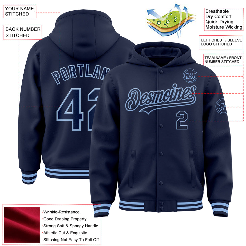 Custom Navy Light Blue Bomber Full-Snap Varsity Letterman Hoodie Jacket