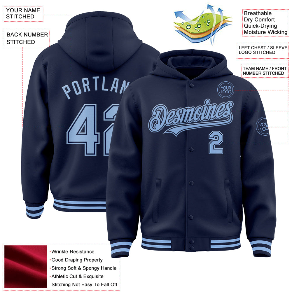 Custom Navy Light Blue Bomber Full-Snap Varsity Letterman Hoodie Jacket