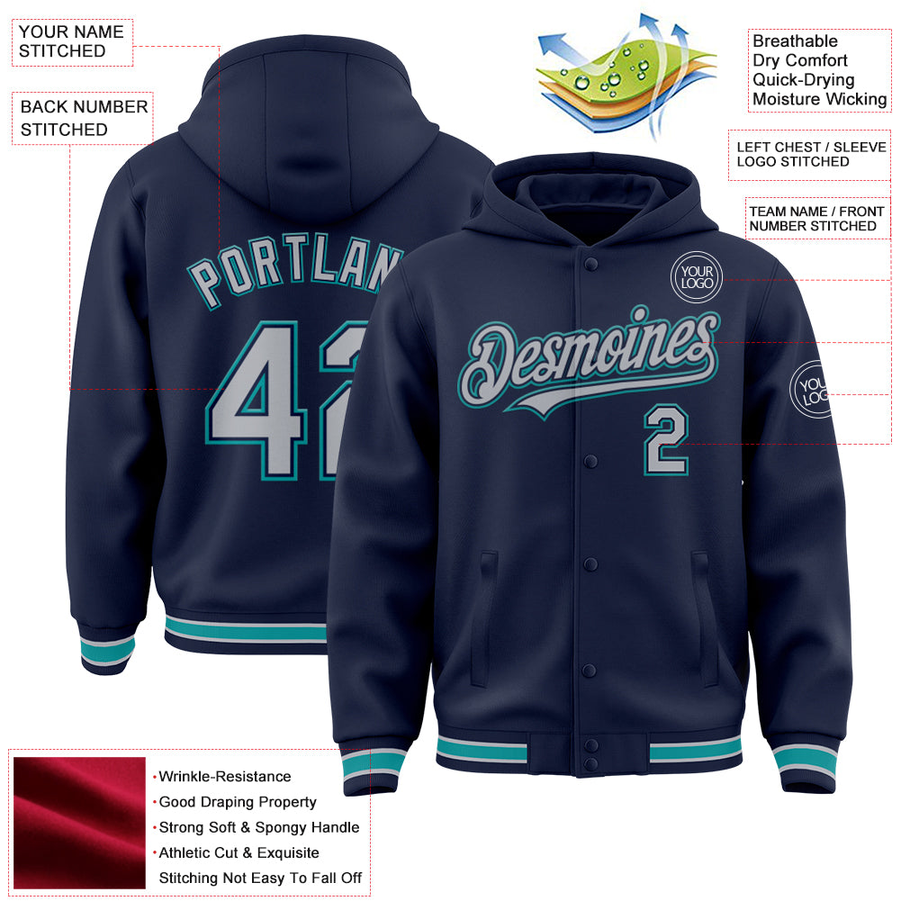 Custom Navy Gray-Teal Bomber Full-Snap Varsity Letterman Hoodie Jacket