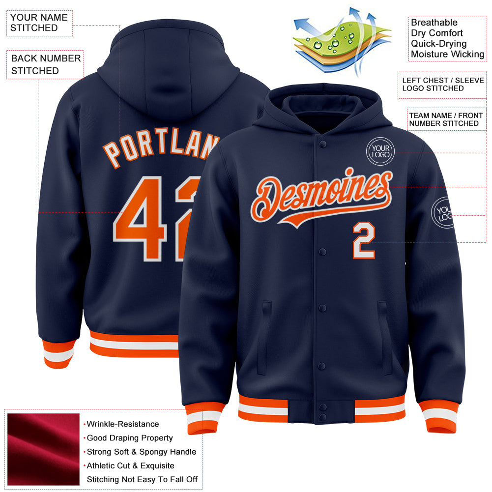 Custom Navy Orange-White Bomber Full-Snap Varsity Letterman Hoodie Jacket