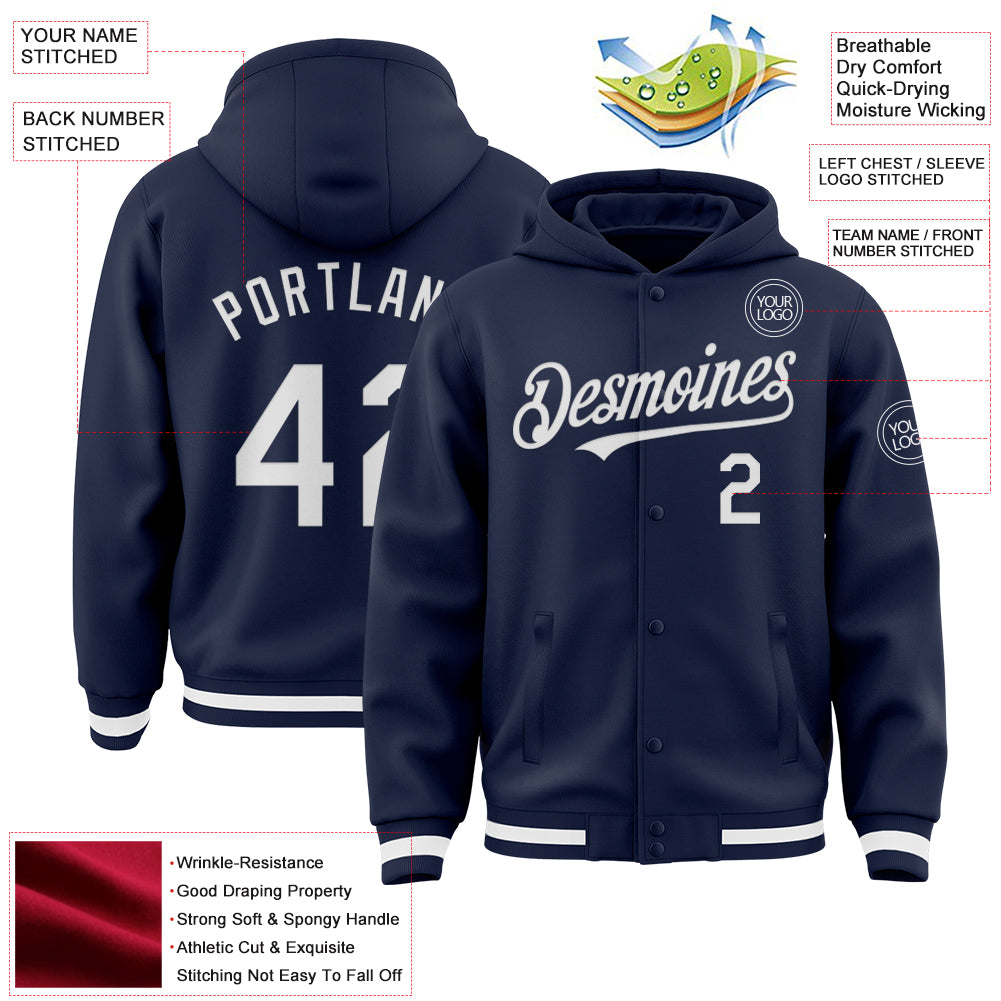 Custom Navy White Bomber Full-Snap Varsity Letterman Hoodie Jacket