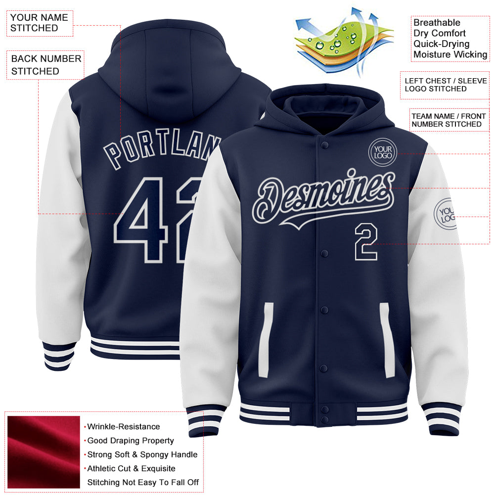 Custom Navy White Bomber Full-Snap Varsity Letterman Two Tone Hoodie Jacket