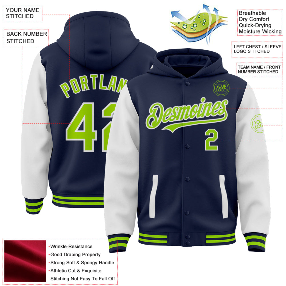 Custom Navy Neon Green-White Bomber Full-Snap Varsity Letterman Two Tone Hoodie Jacket