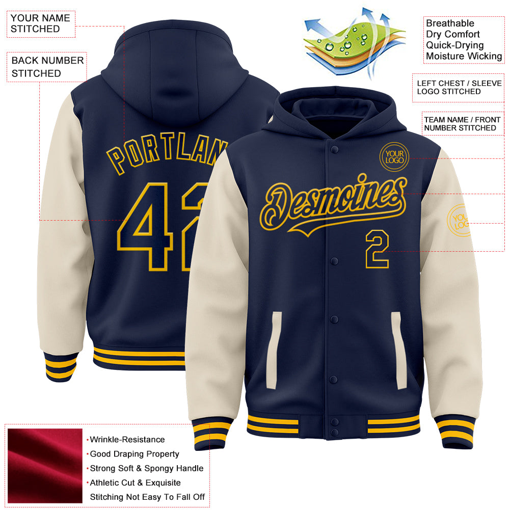 Custom Navy Cream-Gold Bomber Full-Snap Varsity Letterman Two Tone Hoodie Jacket