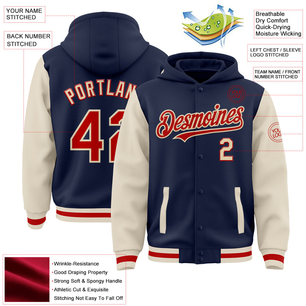 Custom Navy Red-Cream Bomber Full-Snap Varsity Letterman Two Tone Hoodie Jacket