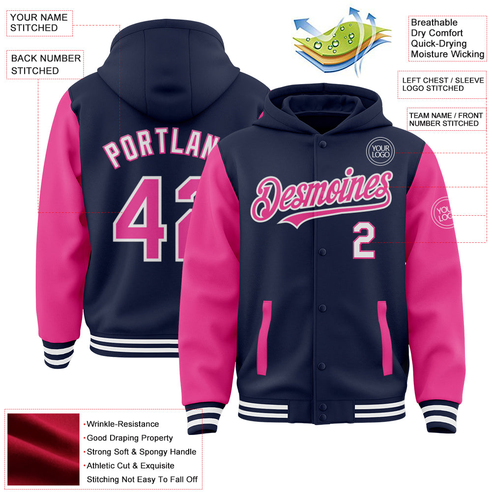 Custom Navy Pink-White Bomber Full-Snap Varsity Letterman Two Tone Hoodie Jacket