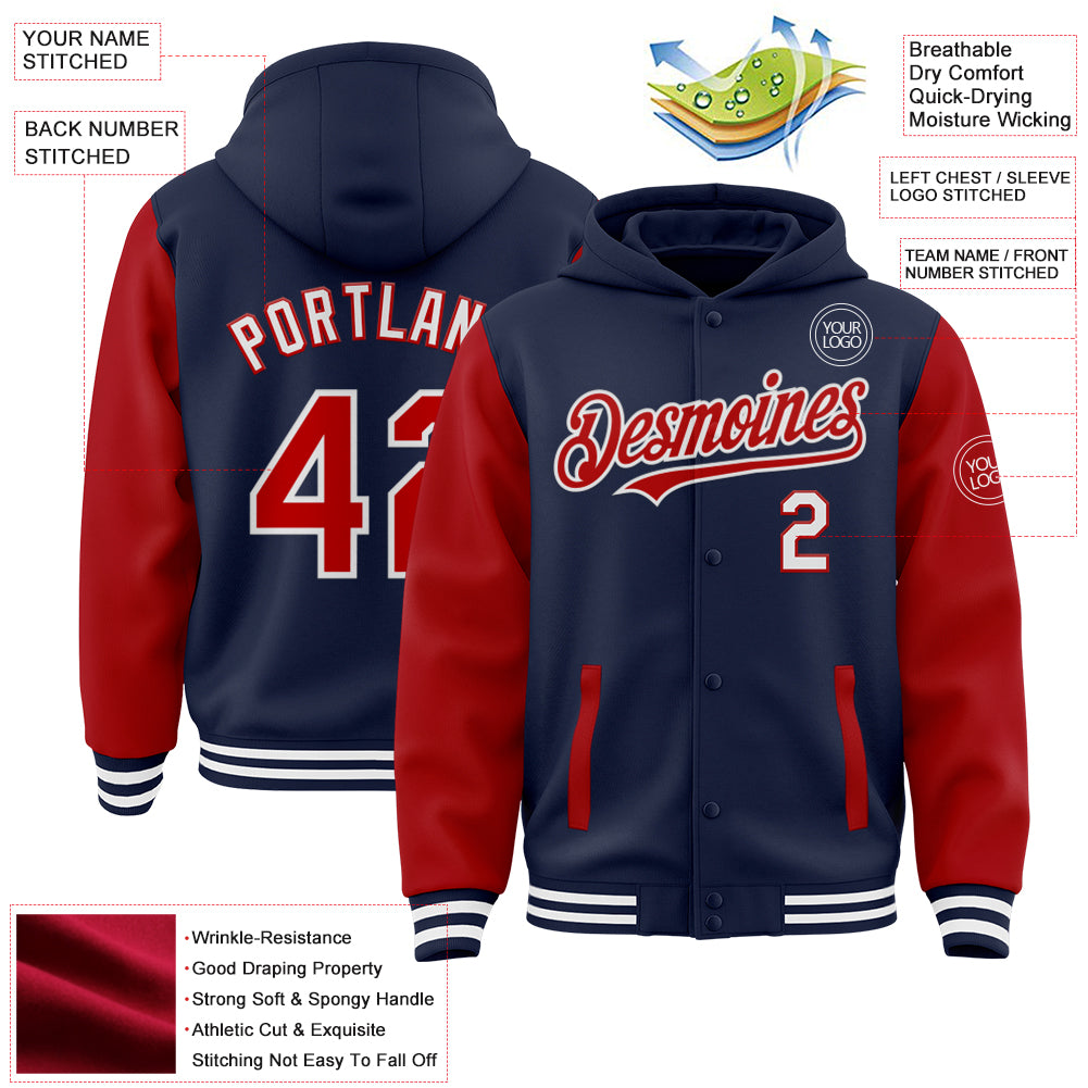 Custom Navy Red-White Bomber Full-Snap Varsity Letterman Two Tone Hoodie Jacket