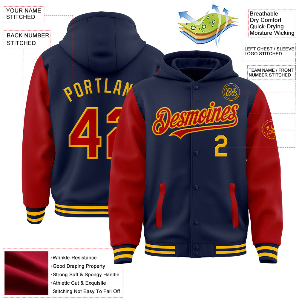 Custom Navy Red-Gold Bomber Full-Snap Varsity Letterman Two Tone Hoodie Jacket