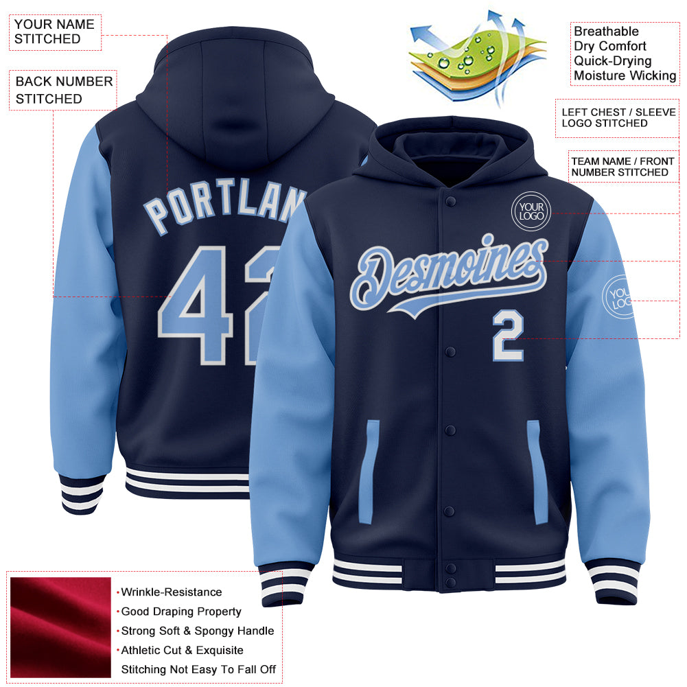 Custom Navy Light Blue-White Bomber Full-Snap Varsity Letterman Two Tone Hoodie Jacket