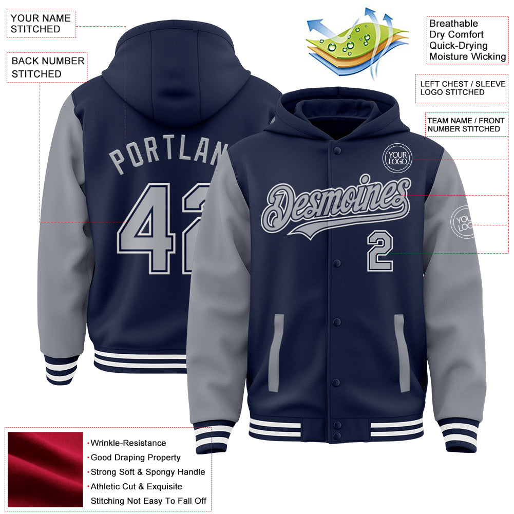 Custom Navy Gray-White Bomber Full-Snap Varsity Letterman Two Tone Hoodie Jacket