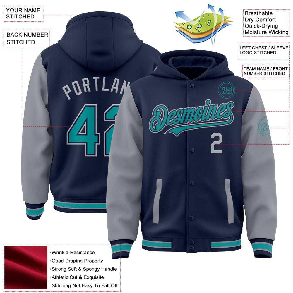 Custom Navy Teal-Gray Bomber Full-Snap Varsity Letterman Two Tone Hoodie Jacket