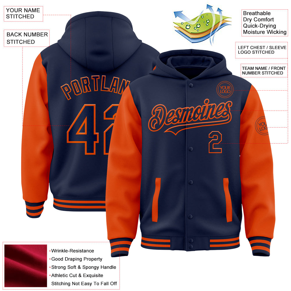 Custom Navy Orange Bomber Full-Snap Varsity Letterman Two Tone Hoodie Jacket