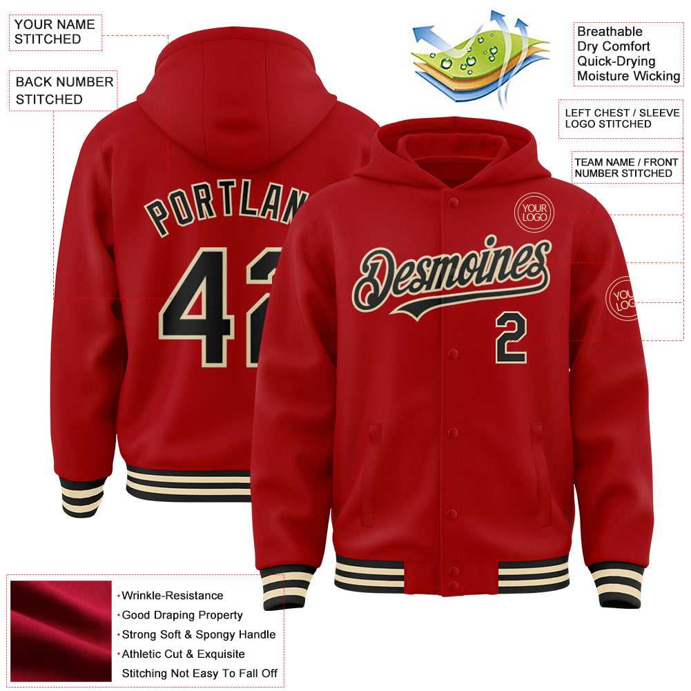 Custom Red Black-Cream Bomber Full-Snap Varsity Letterman Hoodie Jacket