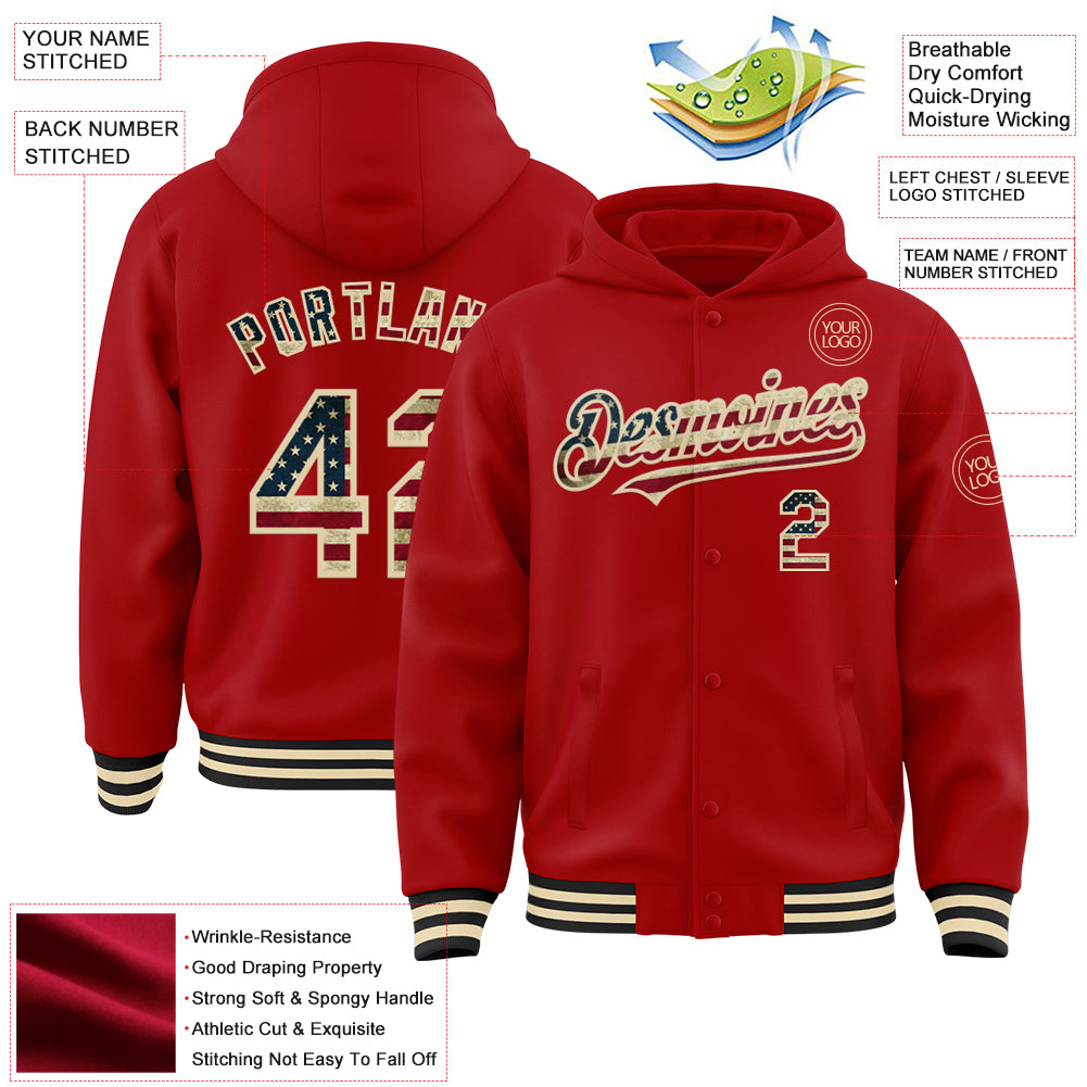 Custom Red Vintage USA Flag Cream-Black Bomber Full-Snap Varsity Letterman Hoodie Jacket