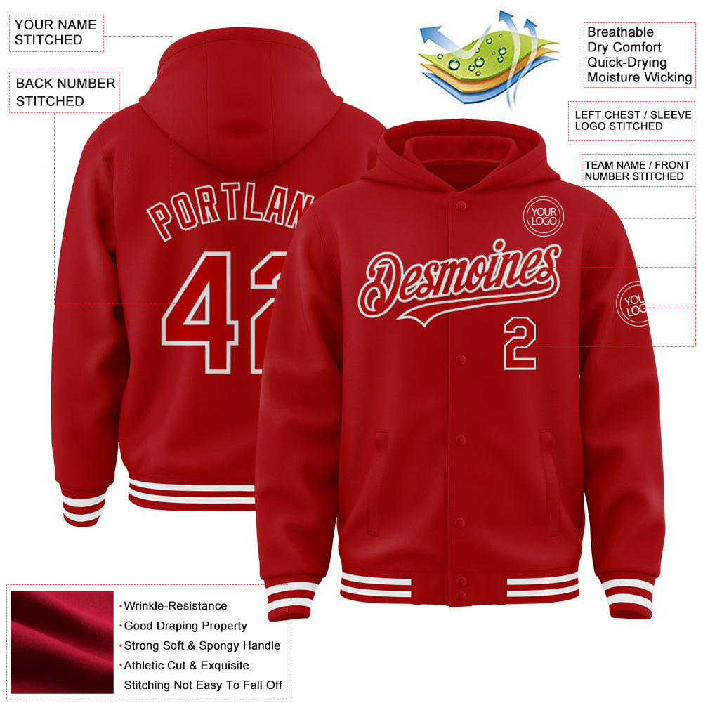 Custom Red White Bomber Full-Snap Varsity Letterman Hoodie Jacket