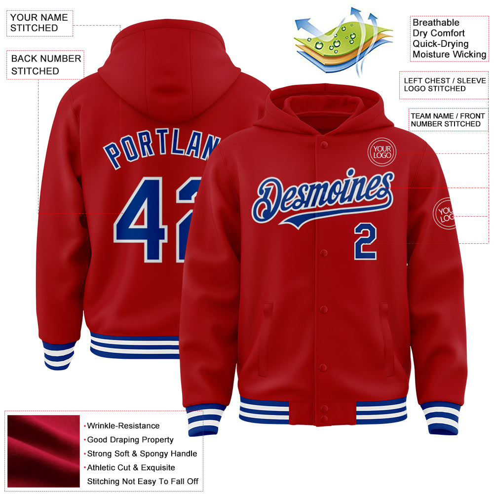 Custom Red Royal-White Bomber Full-Snap Varsity Letterman Hoodie Jacket