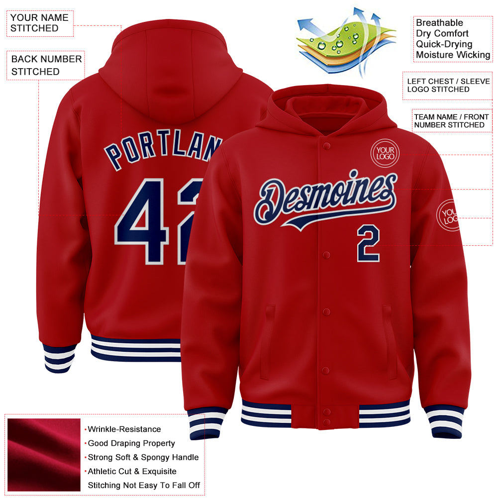 Custom Red Navy-White Bomber Full-Snap Varsity Letterman Hoodie Jacket