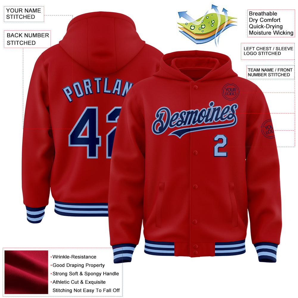 Custom Red Navy-Light Blue Bomber Full-Snap Varsity Letterman Hoodie Jacket