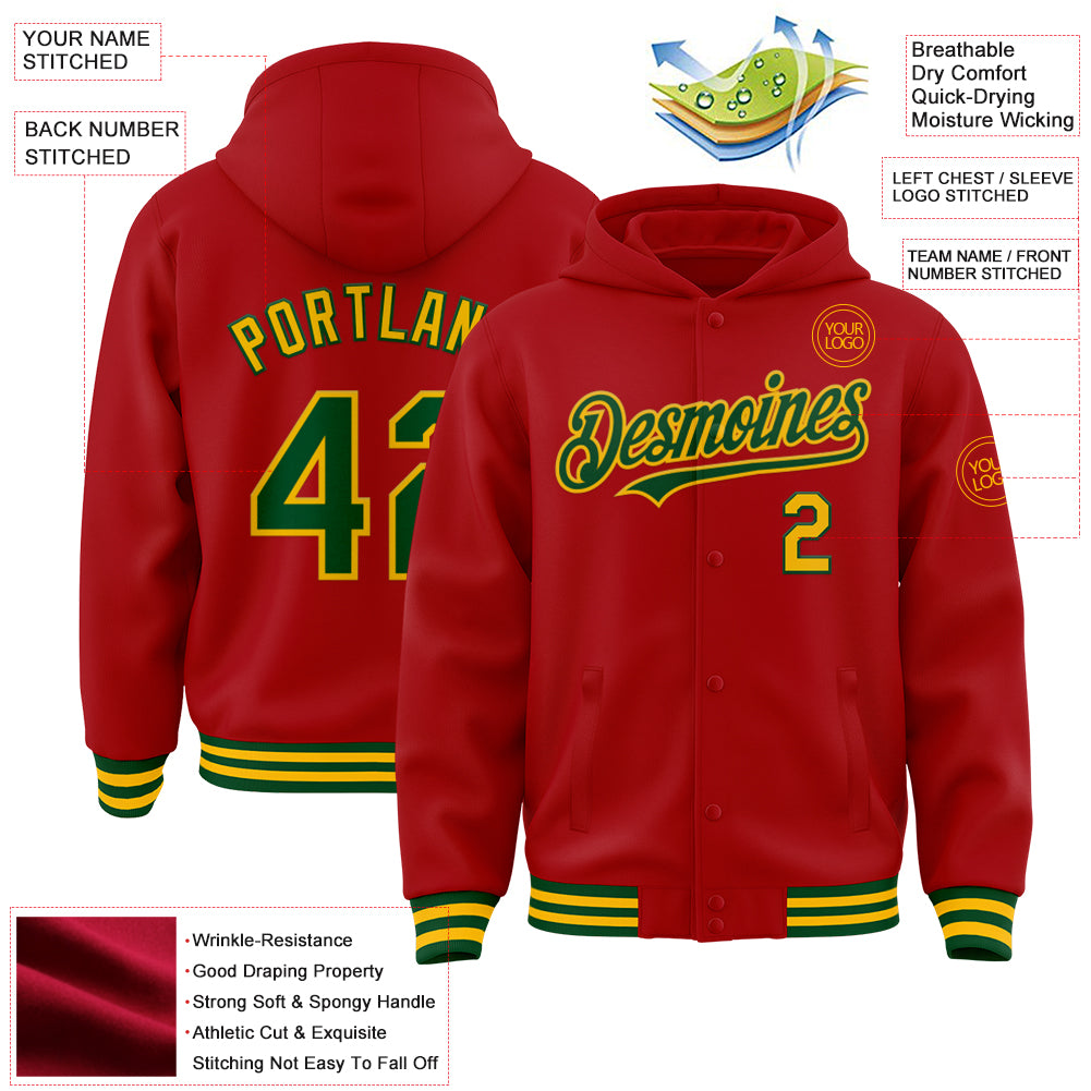 Custom Red Green-Gold Bomber Full-Snap Varsity Letterman Hoodie Jacket