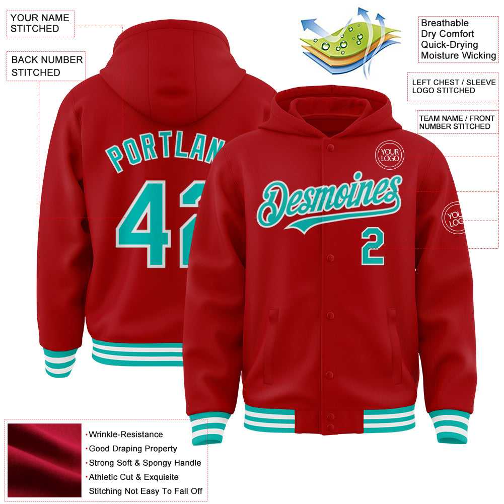 Custom Red Aqua-White Bomber Full-Snap Varsity Letterman Hoodie Jacket