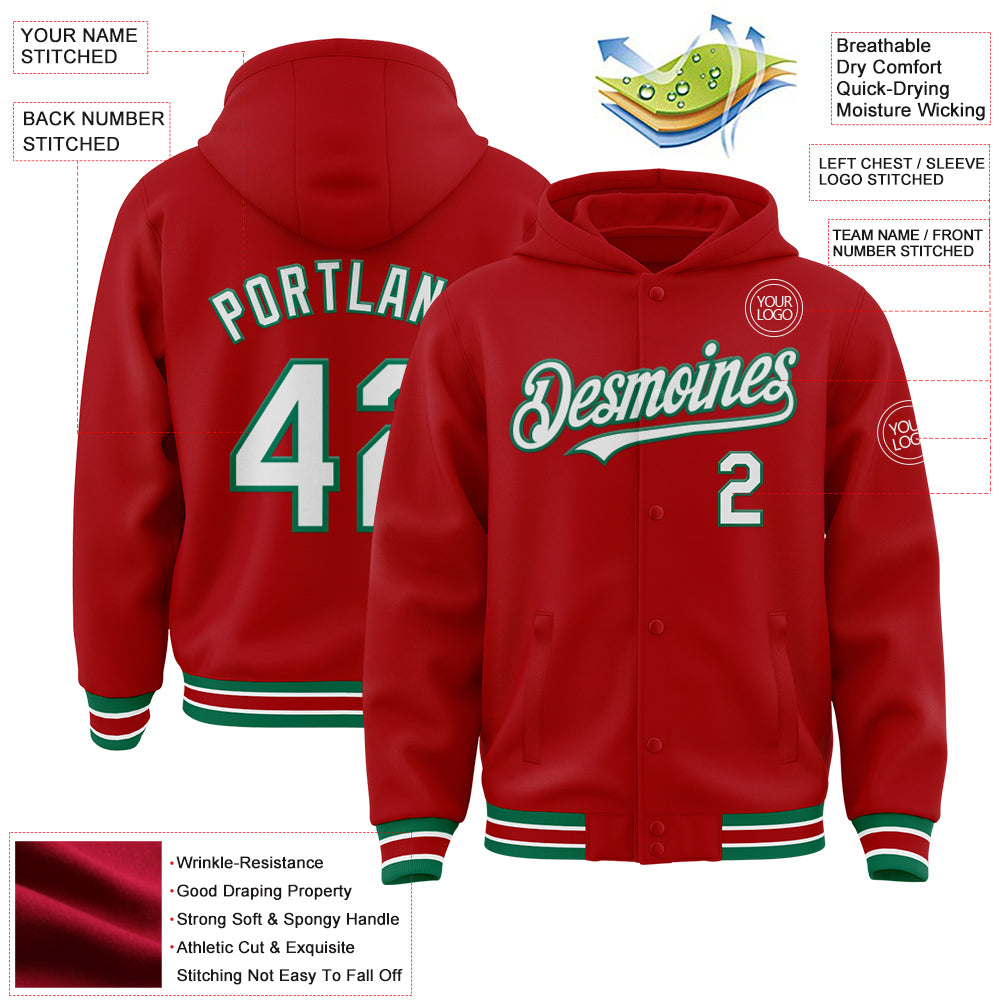 Custom Red White-Kelly Green Bomber Full-Snap Varsity Letterman Hoodie Jacket