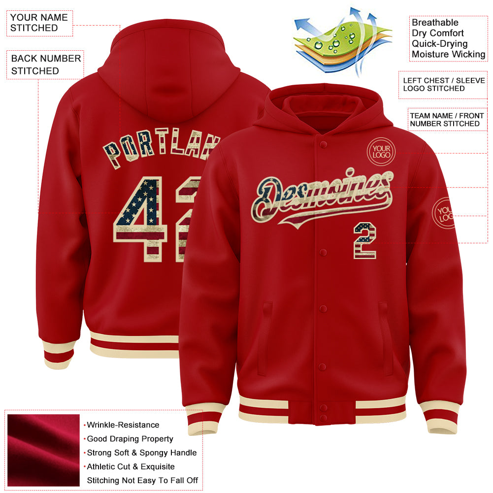 Custom Red Vintage USA Flag-Cream Bomber Full-Snap Varsity Letterman Hoodie Jacket