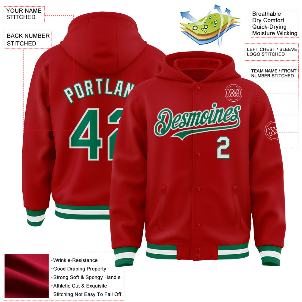 Custom Red Kelly Green-White Bomber Full-Snap Varsity Letterman Hoodie Jacket