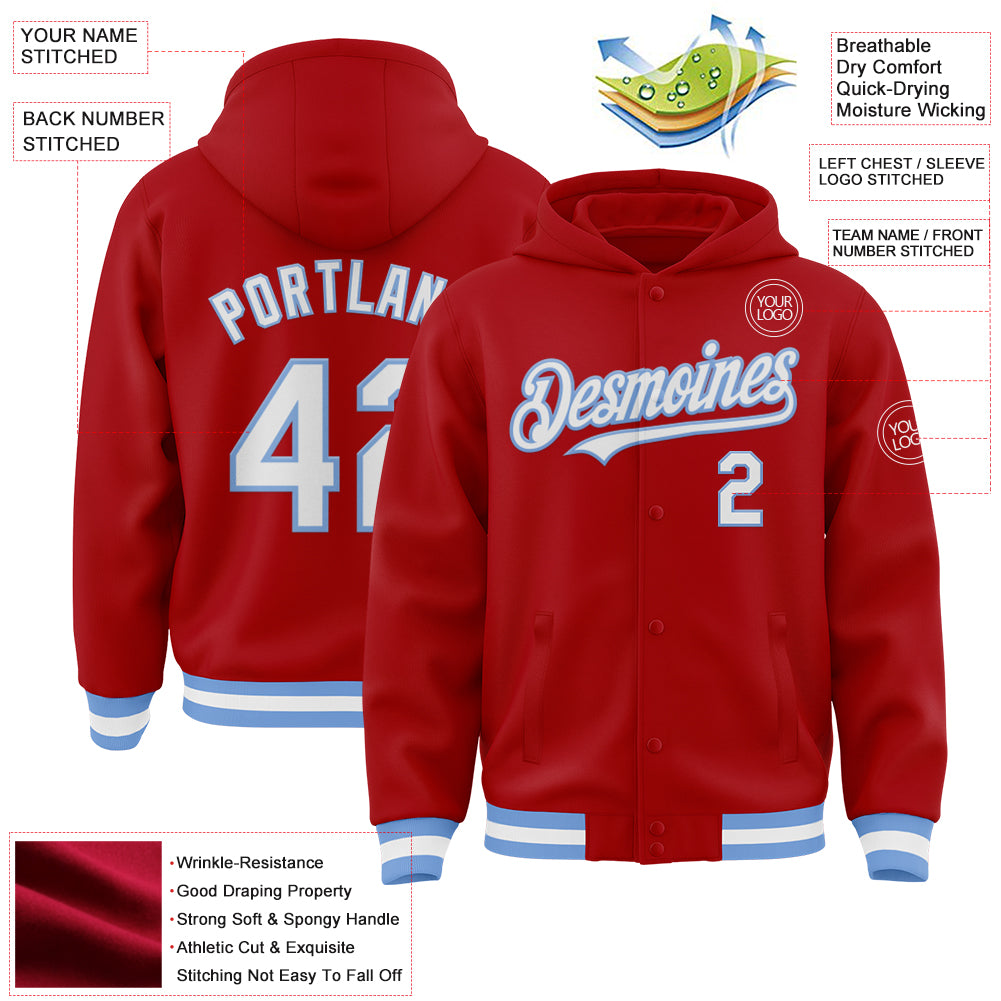 Custom Red White-Light Blue Bomber Full-Snap Varsity Letterman Hoodie Jacket