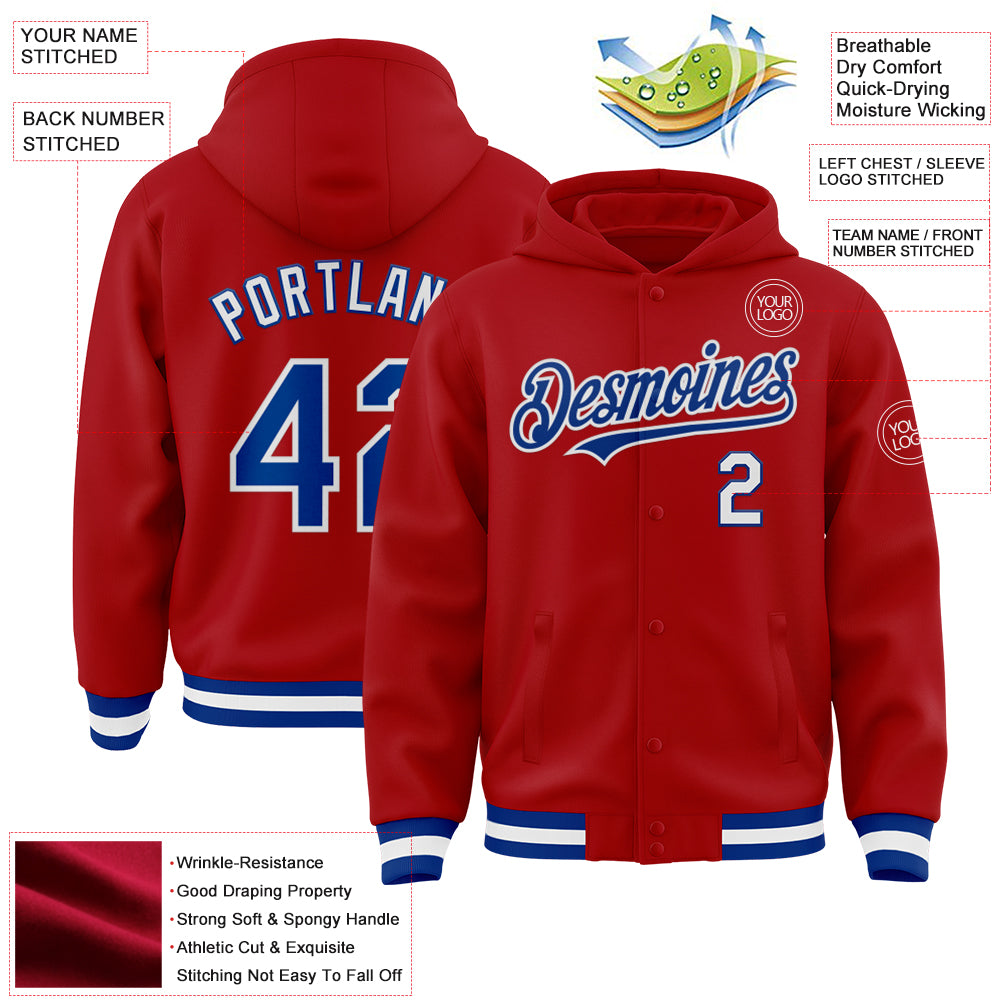 Custom Red Royal-White Bomber Full-Snap Varsity Letterman Hoodie Jacket