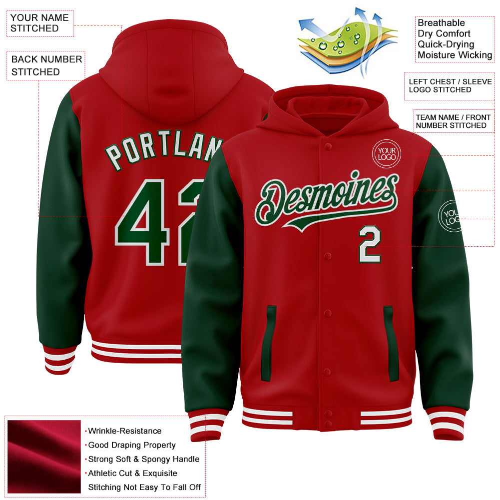 Custom Red Green-White Bomber Full-Snap Varsity Letterman Two Tone Hoodie Jacket