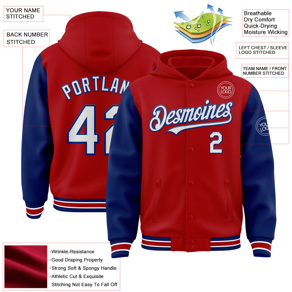 Custom Red White-Royal Bomber Full-Snap Varsity Letterman Two Tone Hoodie Jacket