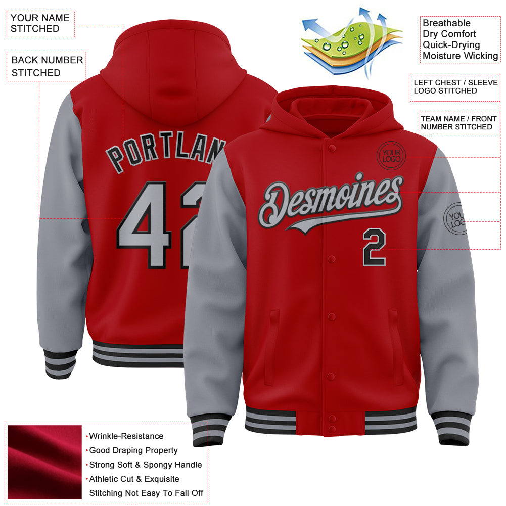 Custom Red Gray-Black Bomber Full-Snap Varsity Letterman Two Tone Hoodie Jacket