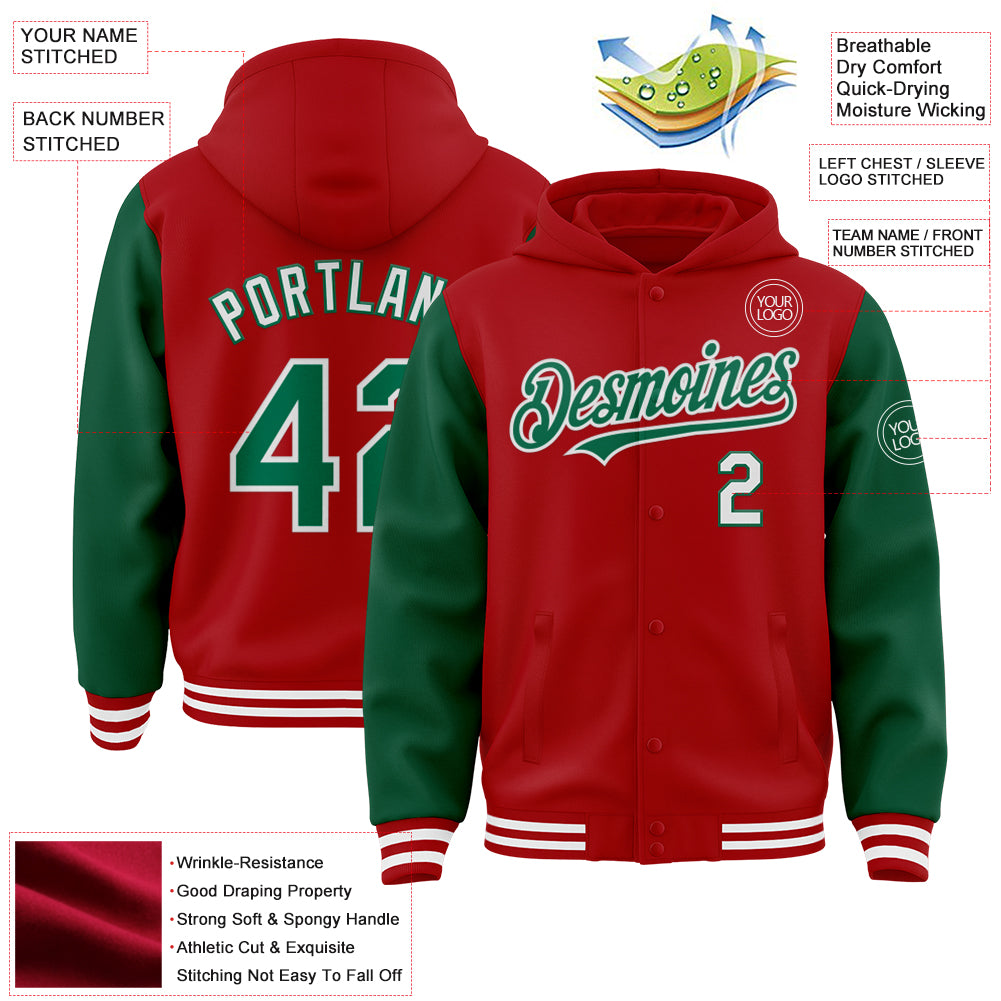 Custom Red Kelly Green-White Bomber Full-Snap Varsity Letterman Two Tone Hoodie Jacket