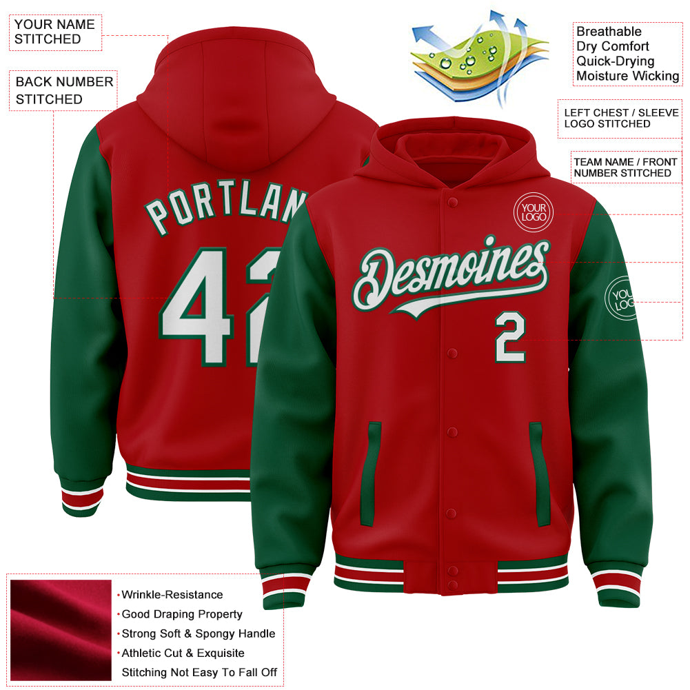 Custom Red White-Kelly Green Bomber Full-Snap Varsity Letterman Two Tone Hoodie Jacket