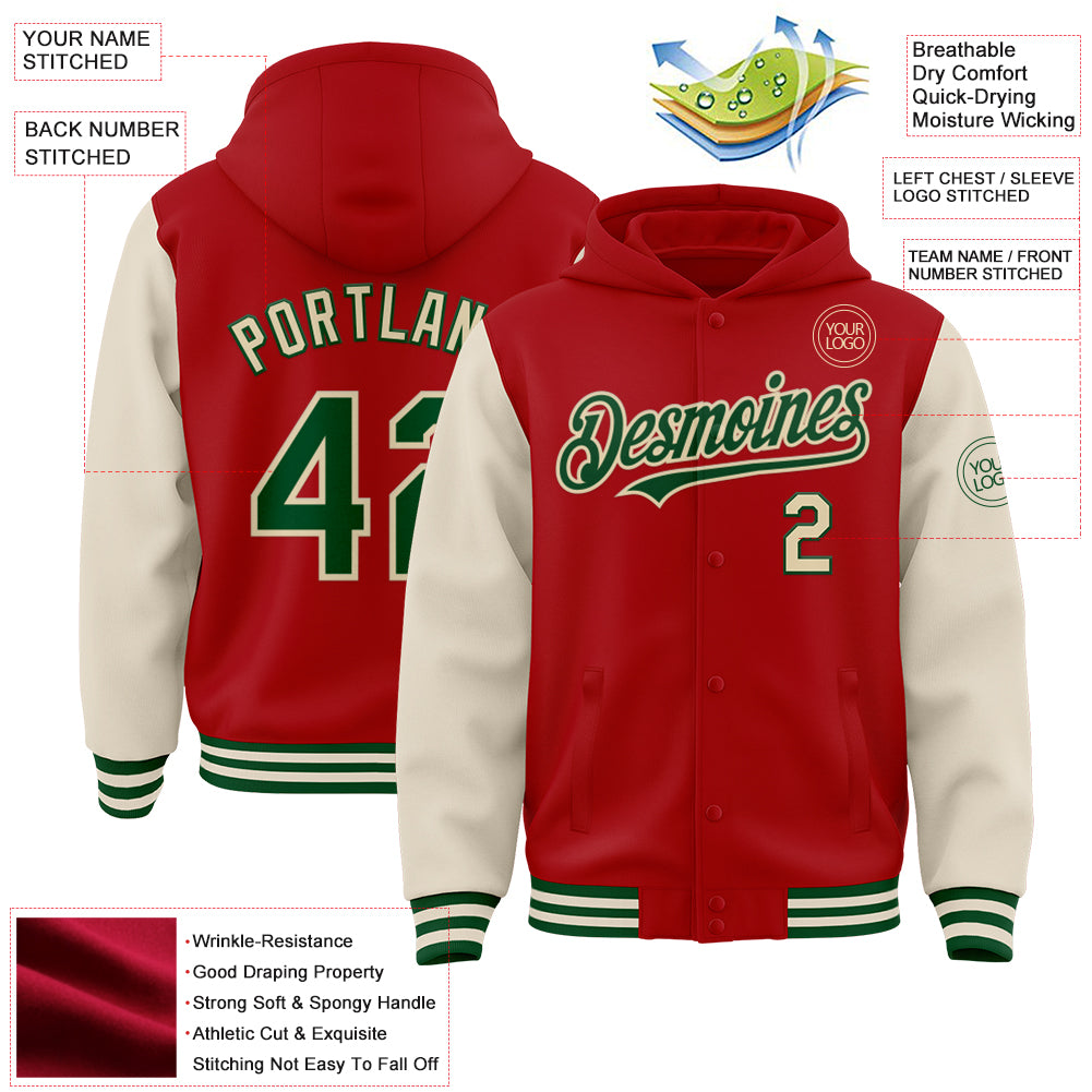 Custom Red Green-Cream Bomber Full-Snap Varsity Letterman Two Tone Hoodie Jacket