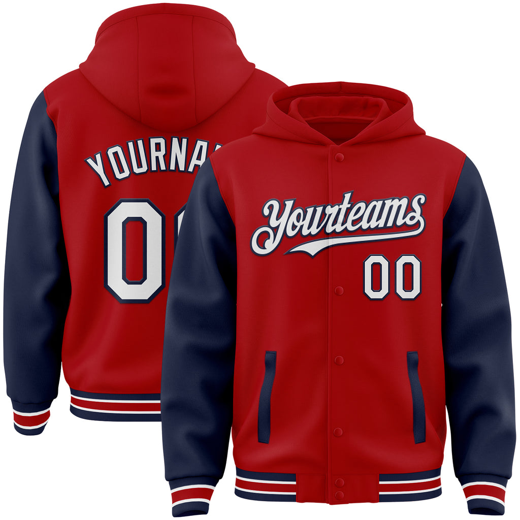 Custom Red White-Navy Bomber Full-Snap Varsity Letterman Two Tone Hoodie Jacket