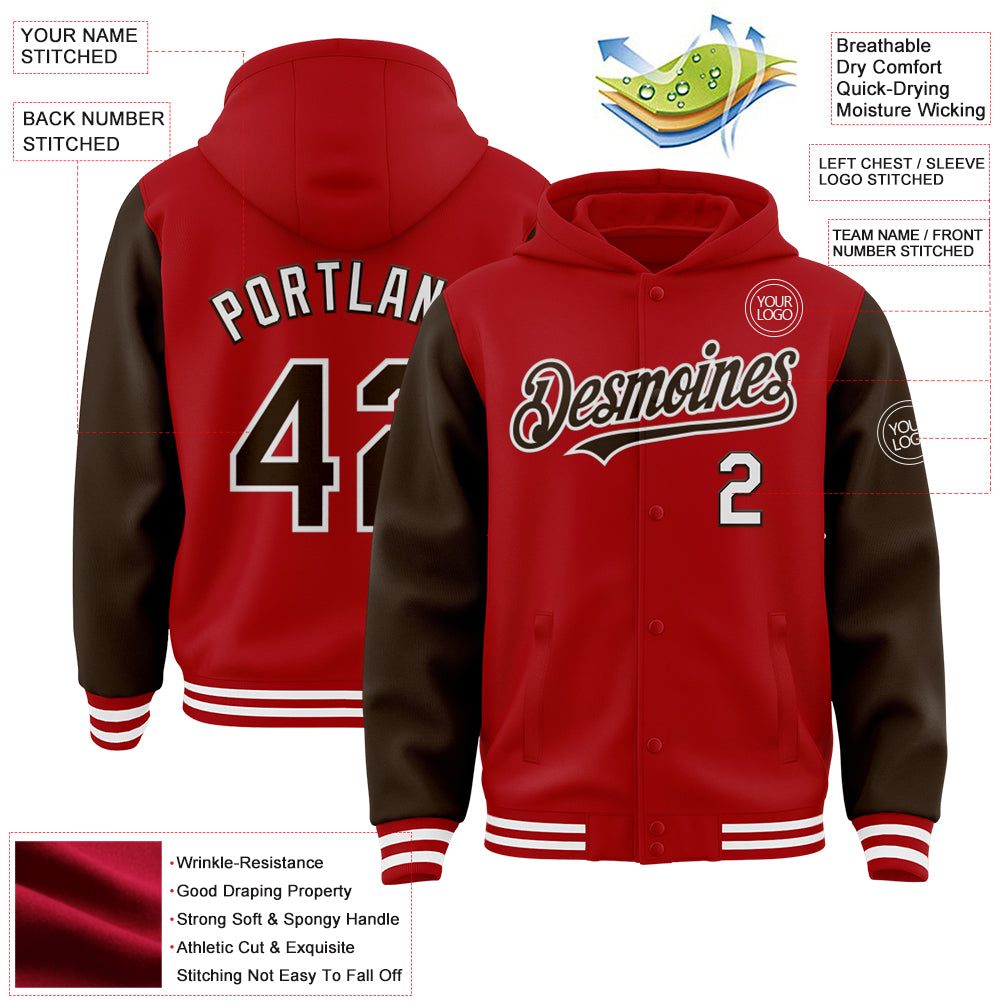 Custom Red Brown-White Bomber Full-Snap Varsity Letterman Two Tone Hoodie Jacket