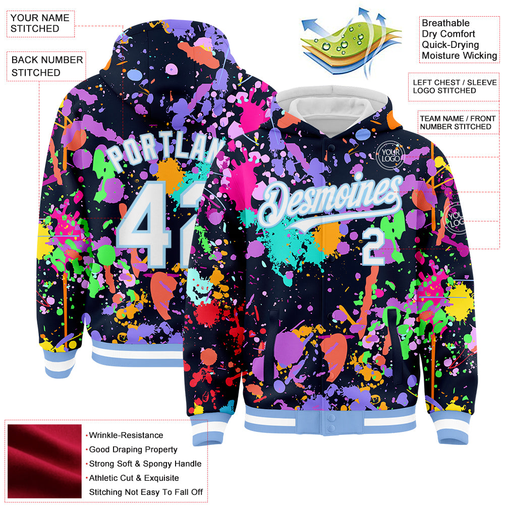 Custom Graffiti Pattern White-Light Blue Splash 3D Bomber Full-Snap Varsity Letterman Hoodie Jacket