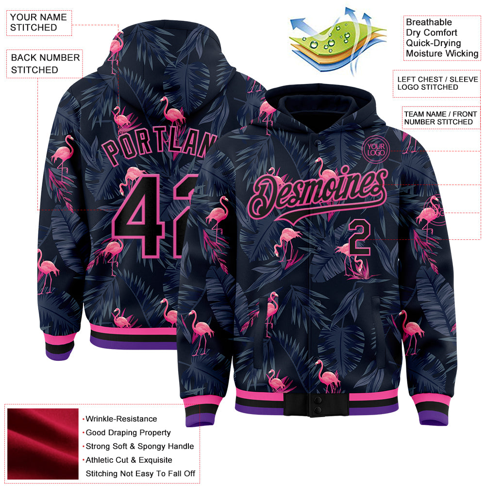 Custom Black Pink Flamingo 3D Pattern Design Bomber Full-Snap Varsity Letterman Hoodie Jacket